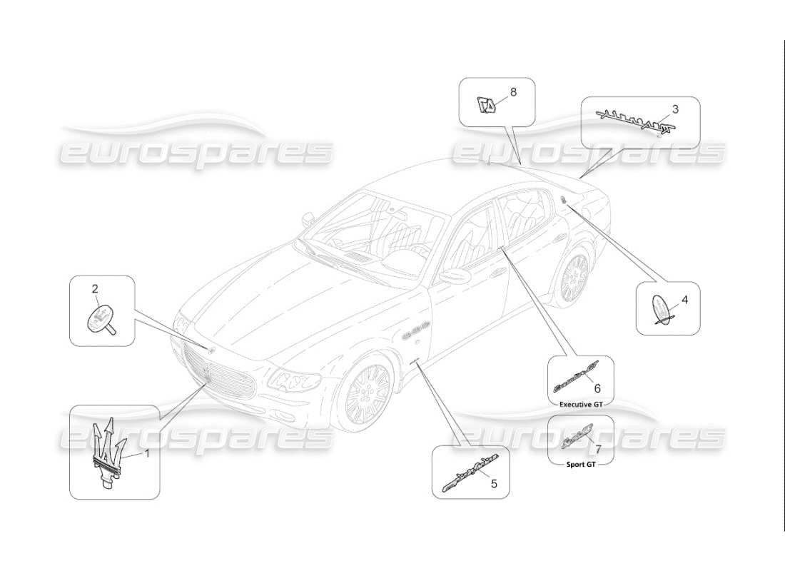 maserati qtp. (2007) 4.2 f1 verzierungen, marken und symbole teilediagramm