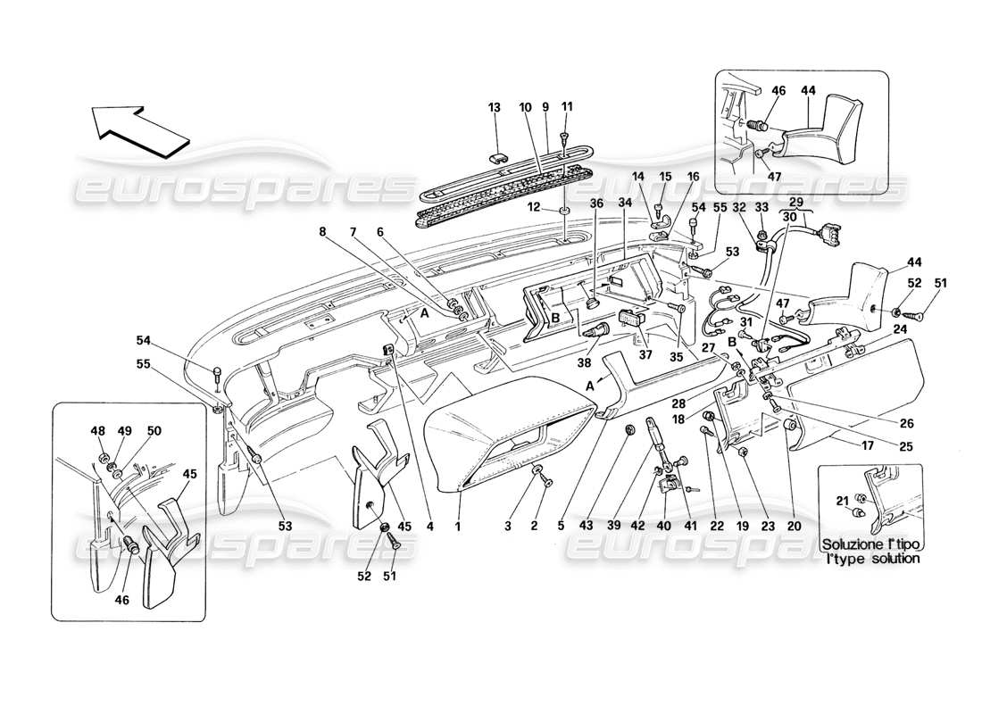 ferrari 348 (1993) tb / ts armaturenbrett - teilediagramm für verkleidung und zubehör