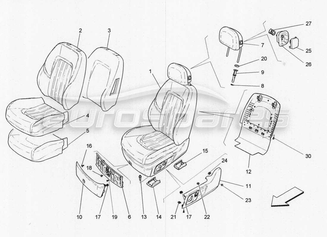 maserati qtp. v8 3.8 530bhp 2014 auto vordersitze: verkleidungen ersatzteildiagramm