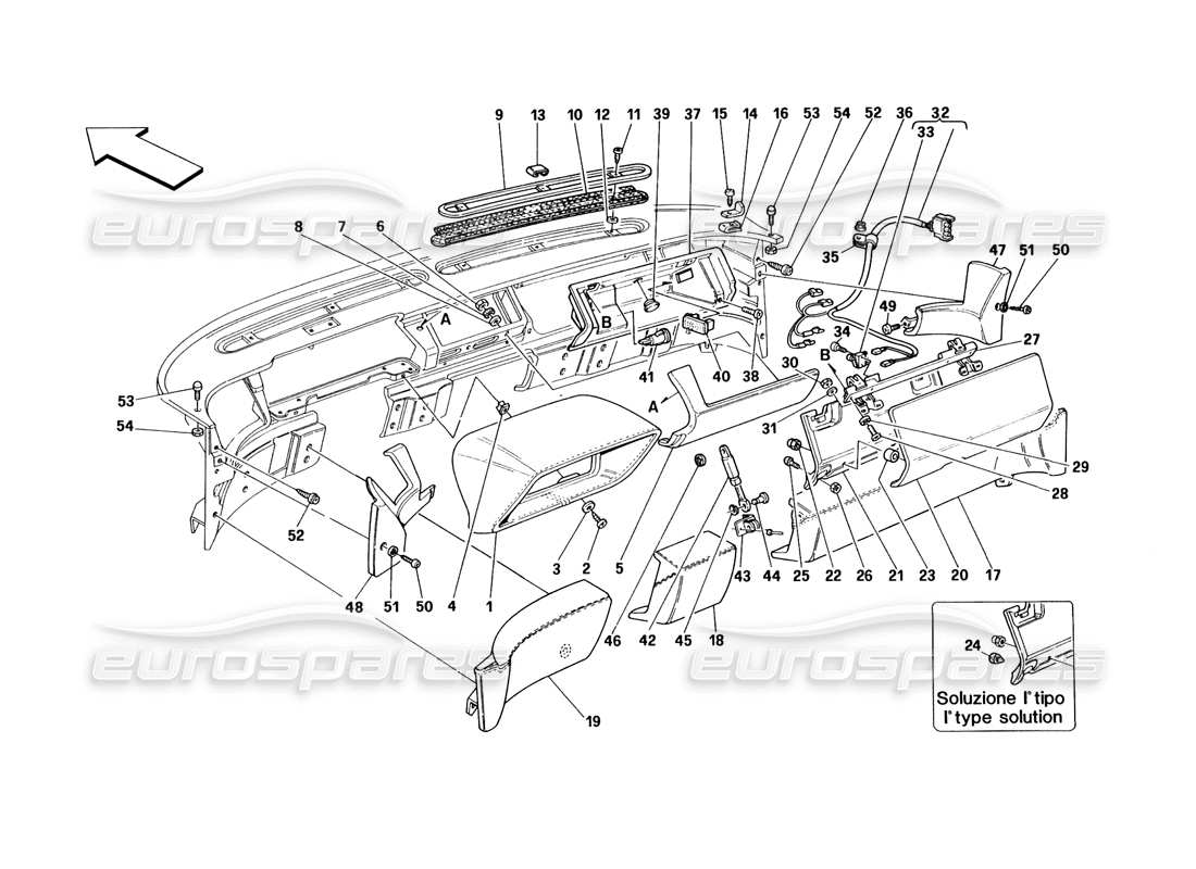 ferrari 348 (1993) tb / ts armaturenbrett - teilediagramm für verkleidung und zubehör