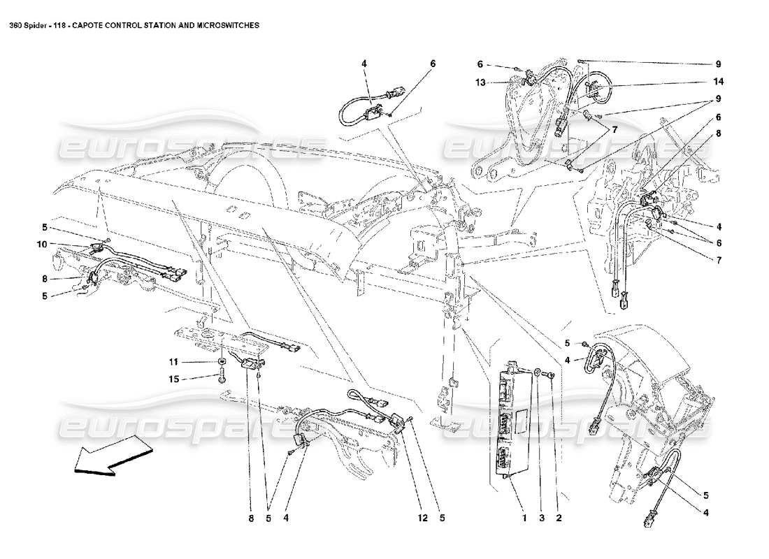 ferrari 360 spider capote-steuerstation und mikroschalter-teilediagramm