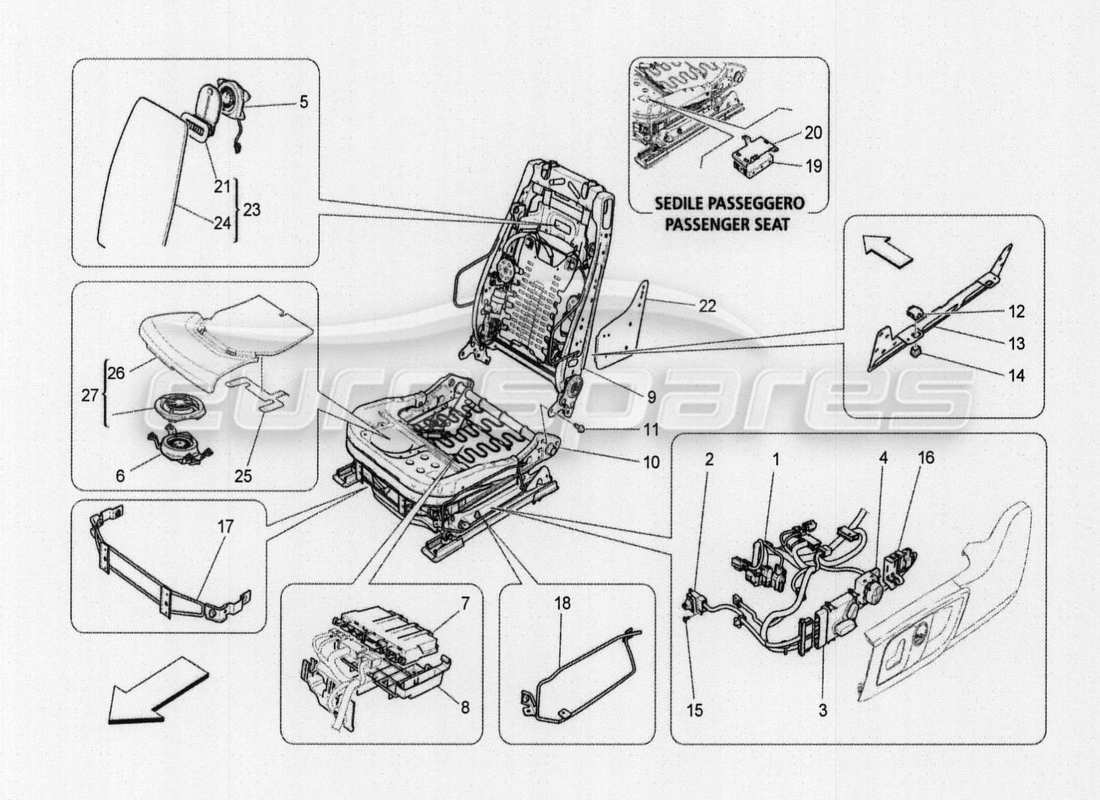 maserati qtp. v8 3.8 530bhp auto 2015 vordersitze: verkleidungen ersatzteildiagramm