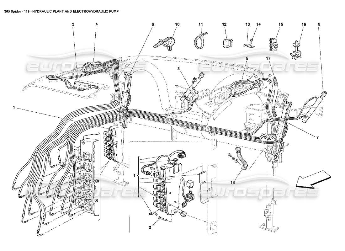 ferrari 360 spider teilediagramm für hydraulikanlage und elektrohydraulische pumpe