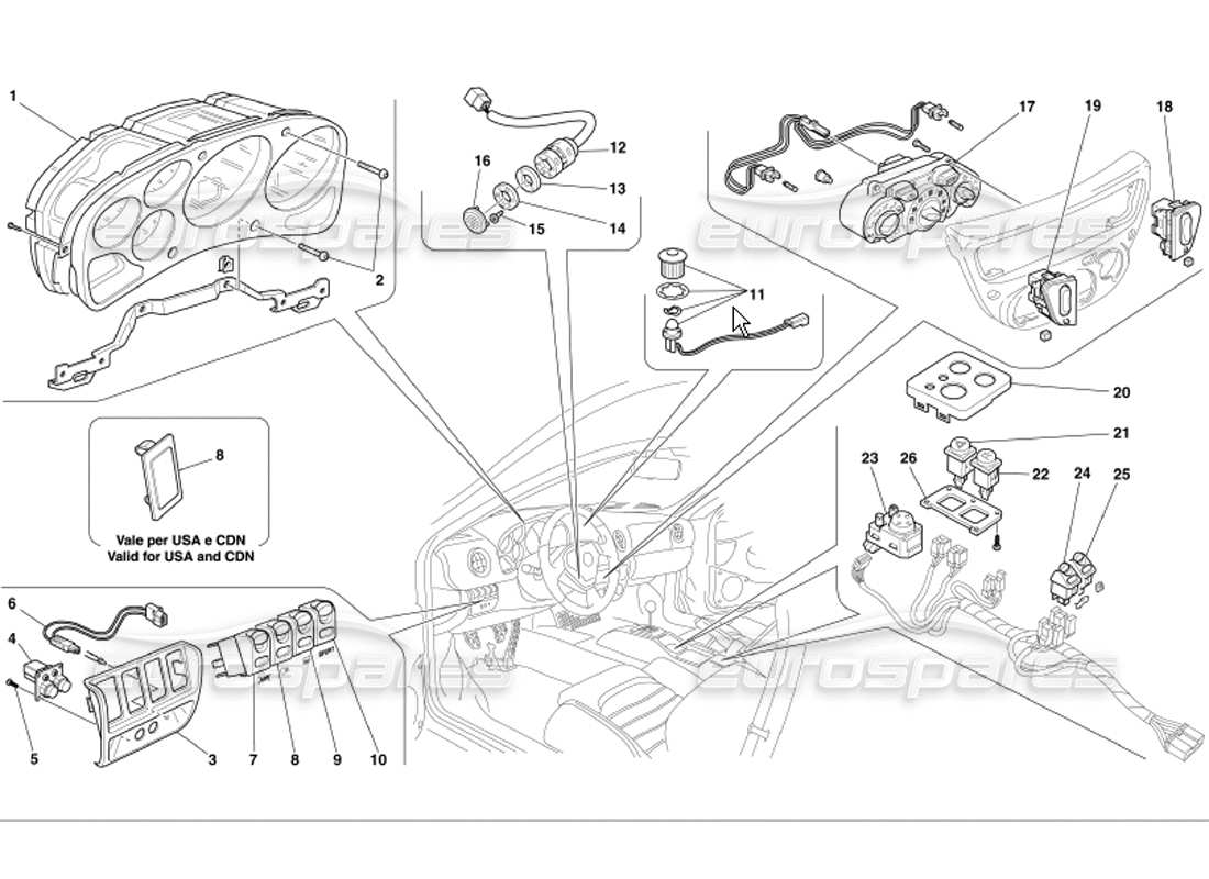 ferrari 360 modena teilediagramm für armaturenbrettinstrumente
