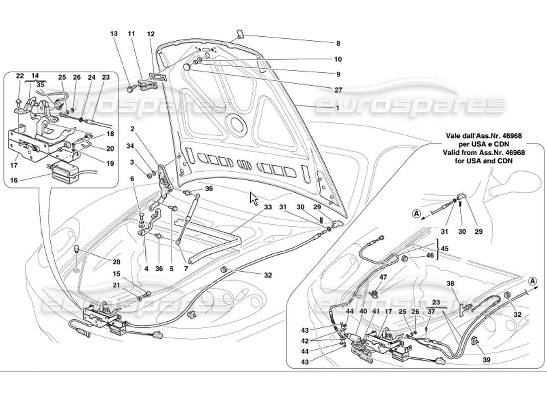 ferrari 360 modena teilediagramm der fronthaube und der öffnungsvorrichtung