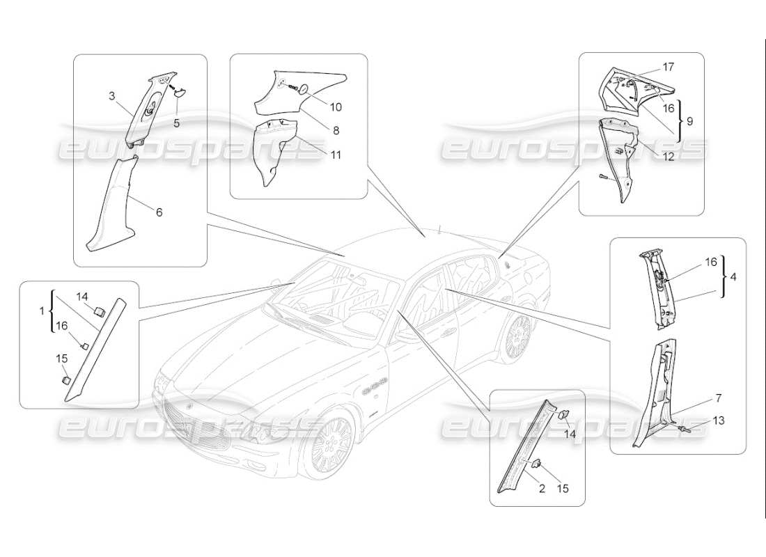 maserati qtp. (2009) 4.7 auto fahrgastinnenraum - b-säulenverkleidungen und seitenverkleidungen ersatzteildiagramm