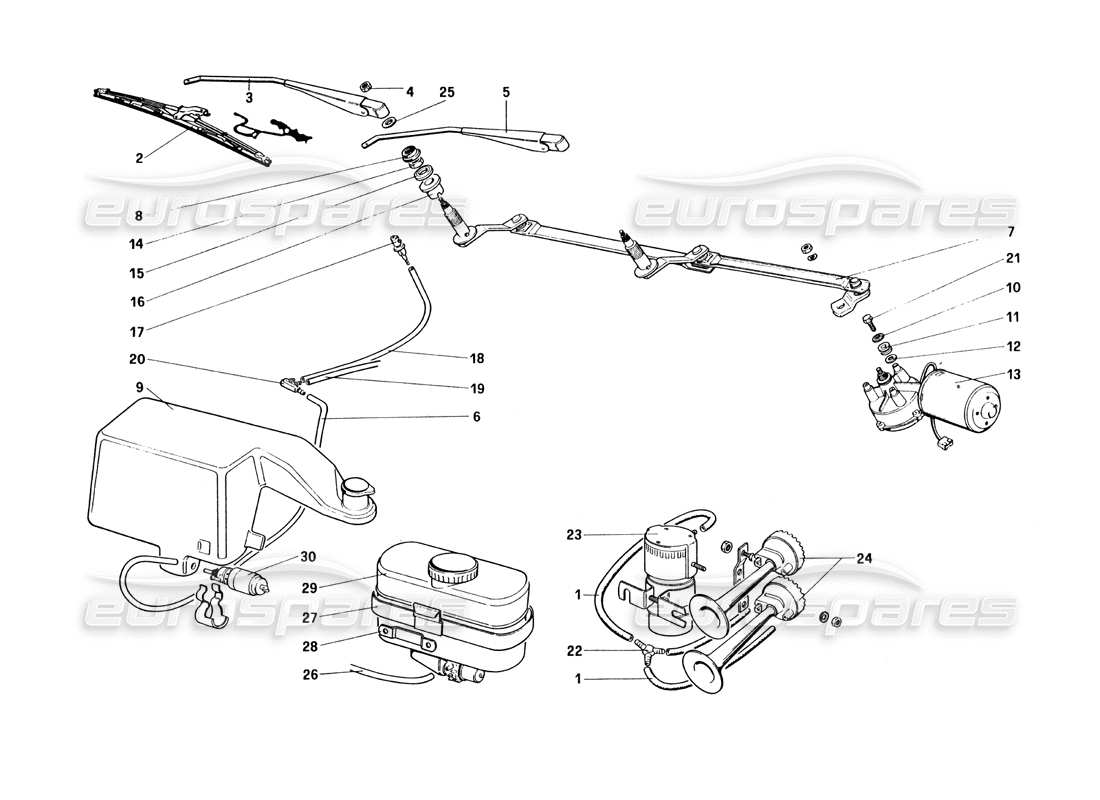 ferrari 328 (1985) scheibenwischer, scheibe und hupe teilediagramm