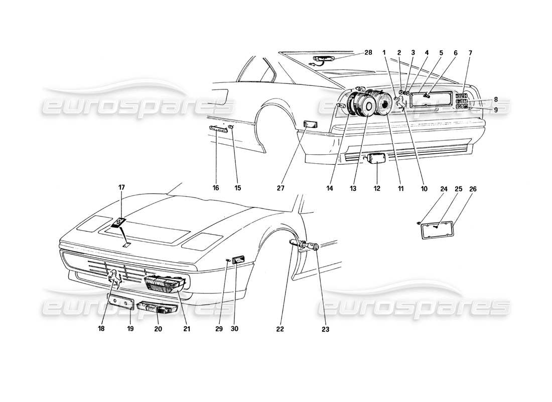 ferrari 328 (1985) teilediagramm für außenleuchten und zierleisten