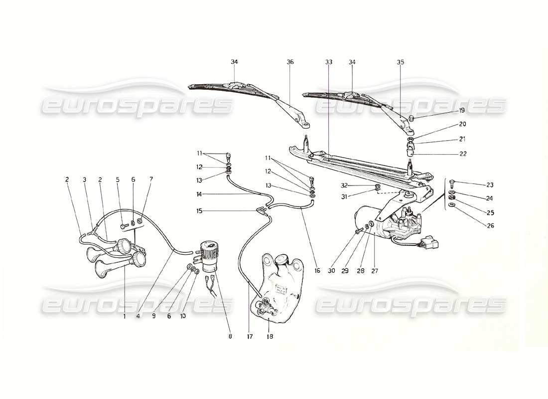 ferrari 308 gt4 dino (1976) teilediagramm für scheibenwischer, scheibe und hupe