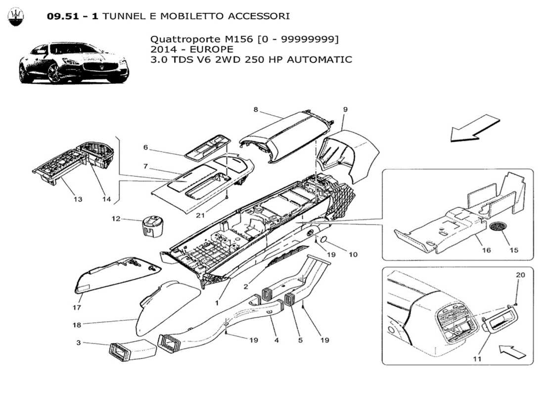 maserati qtp. v6 3.0 tds 250bhp 2014 zubehörkonsole und mittelkonsole teilediagramm