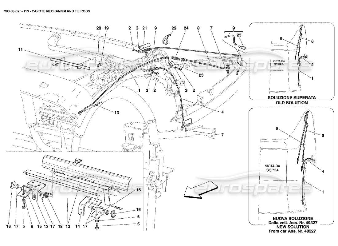 ferrari 360 spider teilediagramm für capote-mechanismus und spurstangen