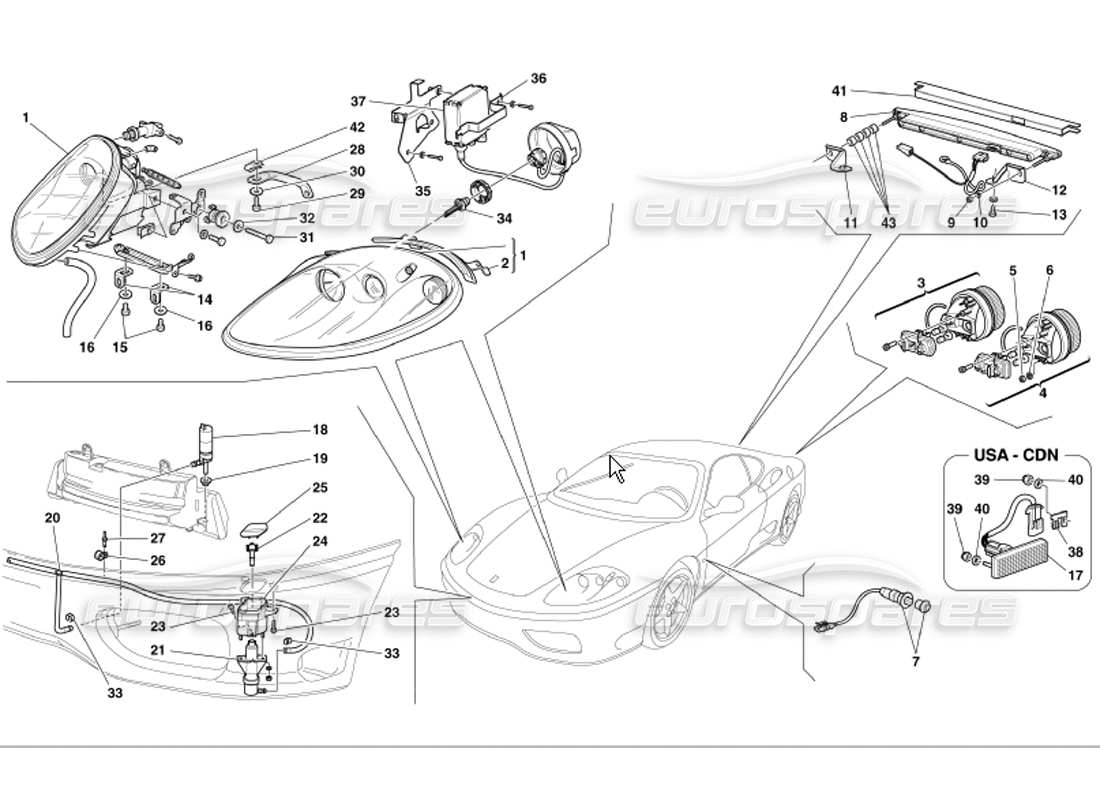 ferrari 360 modena teilediagramm für vorder- und rücklichter