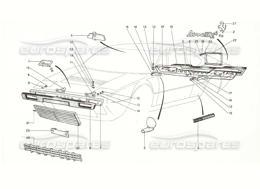 ferrari 308 gt4 dino (1976) teilediagramm für stoßstangen und zierleisten