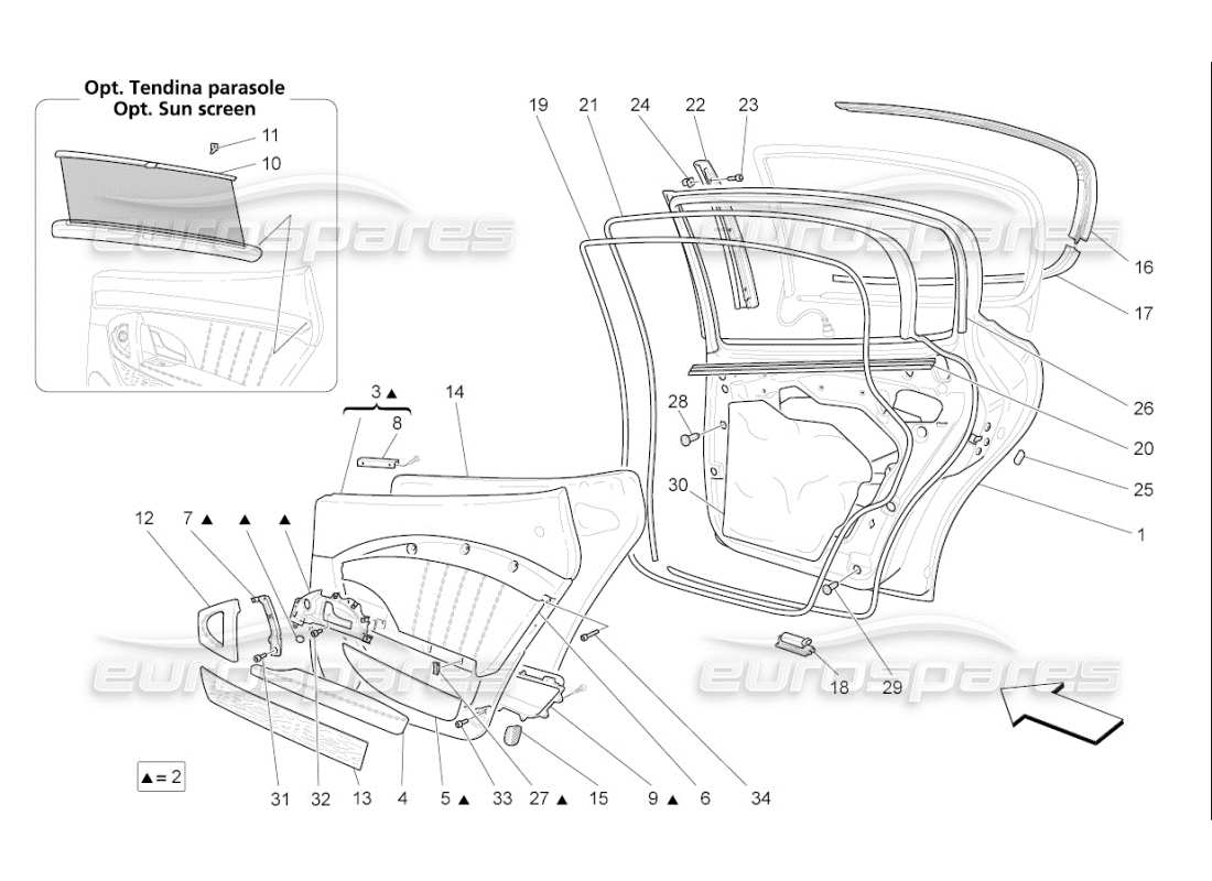 maserati qtp. (2009) 4.2 auto hintere türen: zierbleche teilediagramm