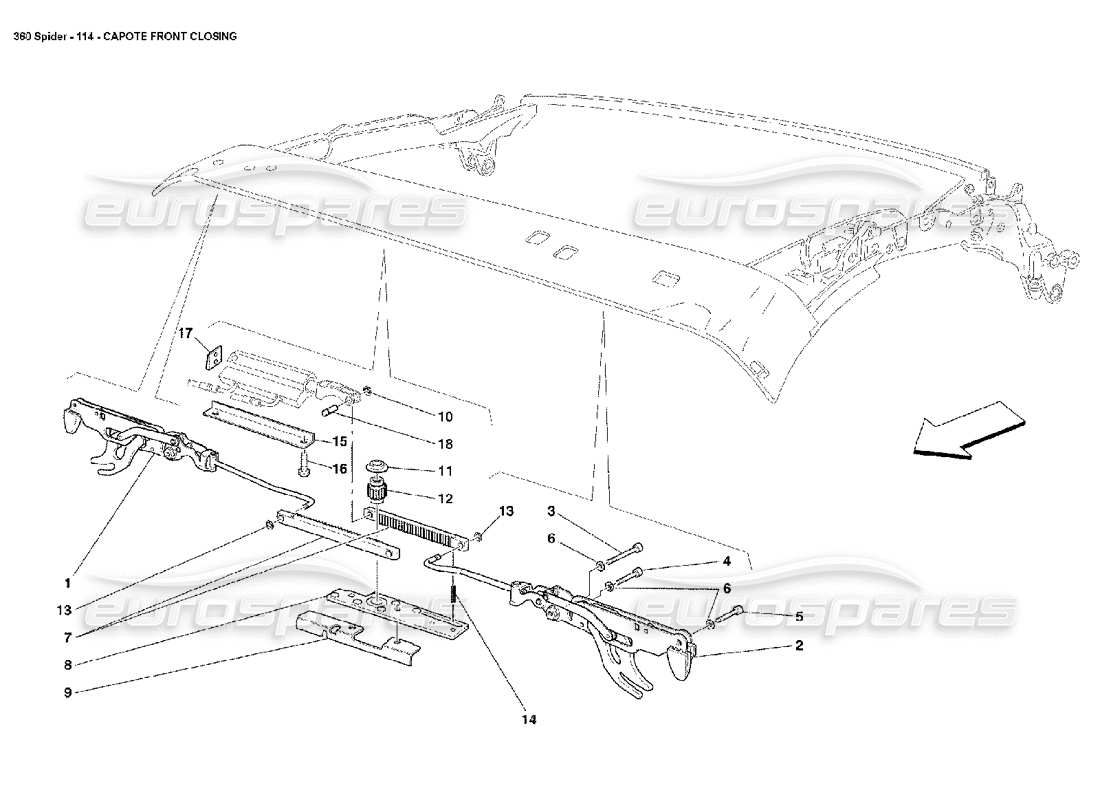 ferrari 360 spider teilediagramm für die vordere verriegelung des verdecks