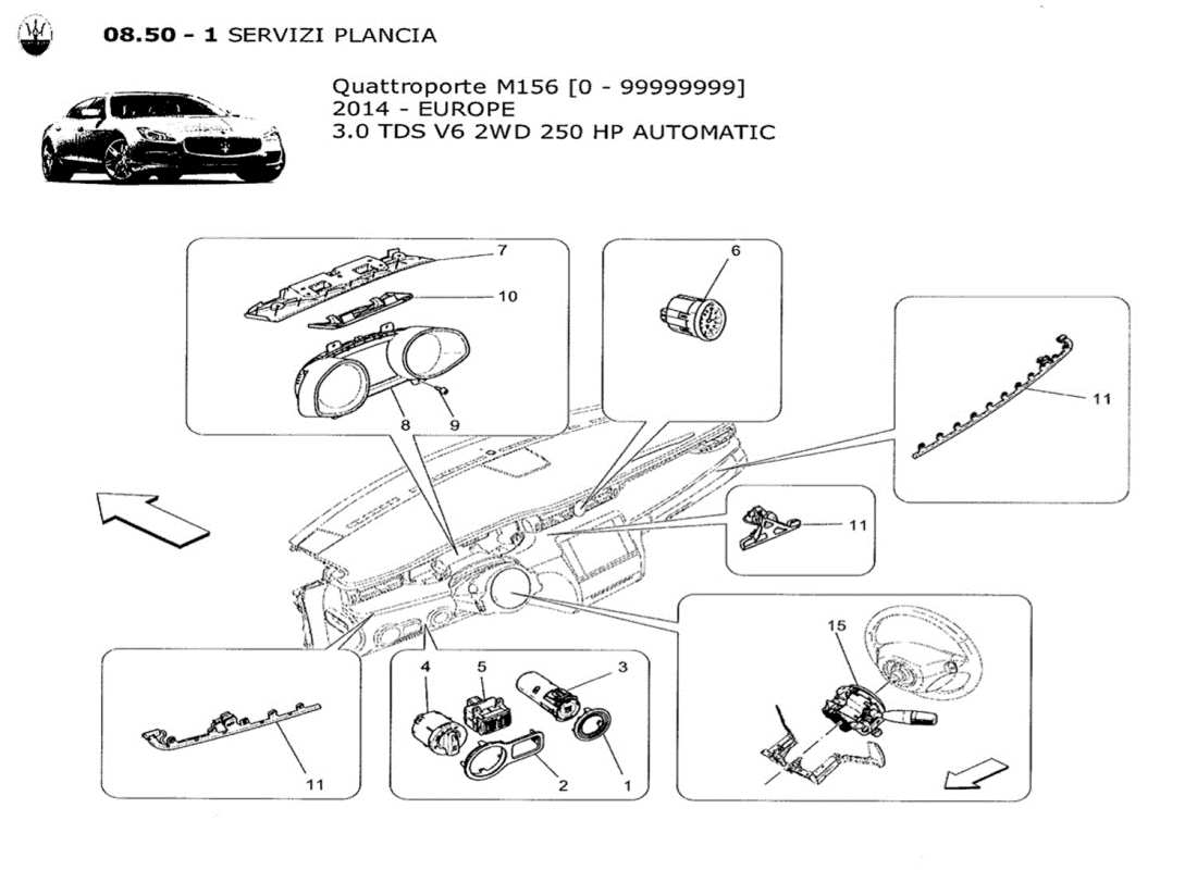 maserati qtp. v6 3.0 tds 250bhp 2014 dashboard-geräte teilediagramm