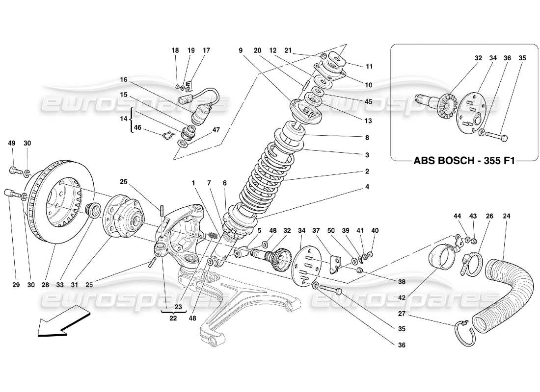 ferrari 355 (5.2 motronic) vorderradaufhängung - teilediagramm stoßdämpfer und bremsscheibe