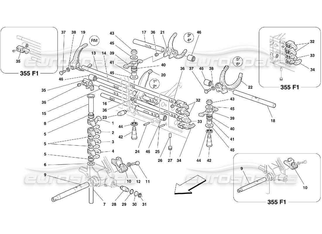ferrari 355 (5.2 motronic) teilediagramm für die internen getriebesteuerungen