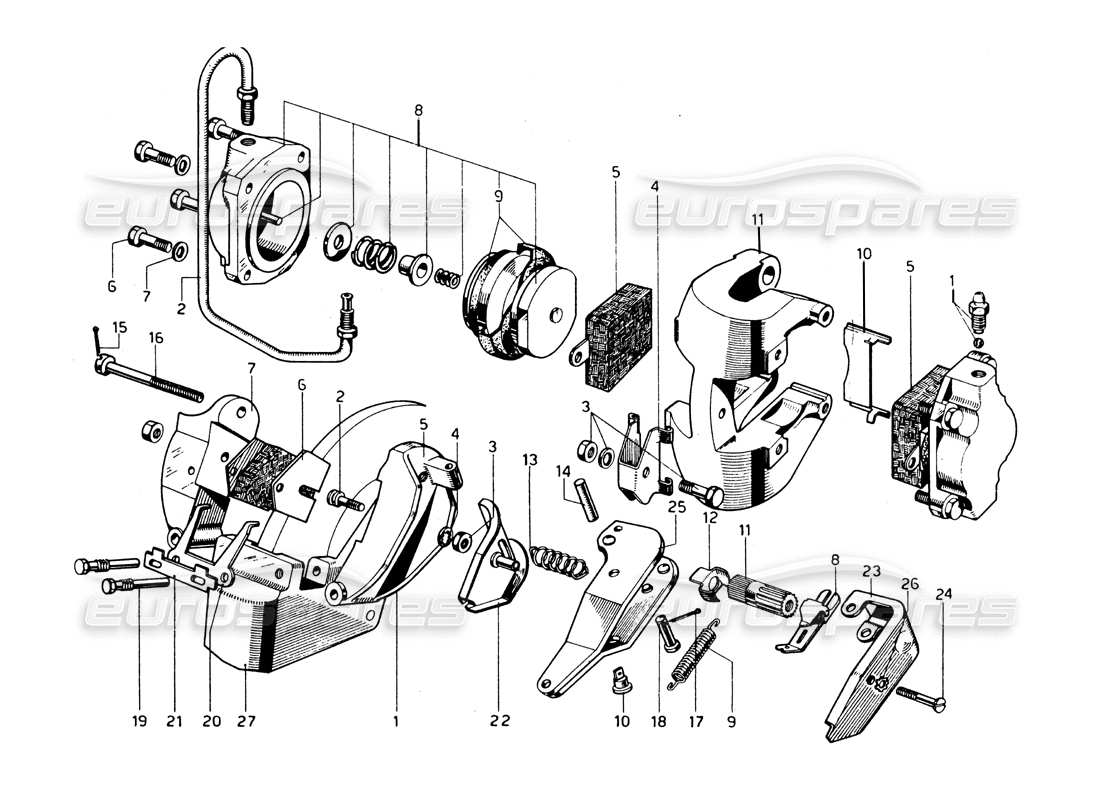 ferrari 275 gtb/gts 2 cam teilediagramm für bremssättel vorn und hinten sowie handbremsmechanismus
