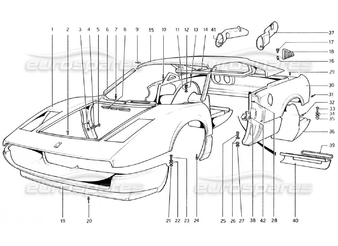 ferrari 308 gtb (1976) karosserie - außenelemente (gültig für rhd - aus-versionen) teilediagramm