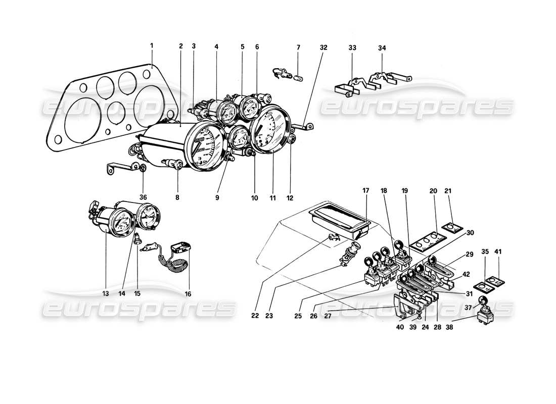 ferrari 308 gtb (1980) instrumente und zubehör (varianten für rhd - aus-versionen) ersatzteildiagramm