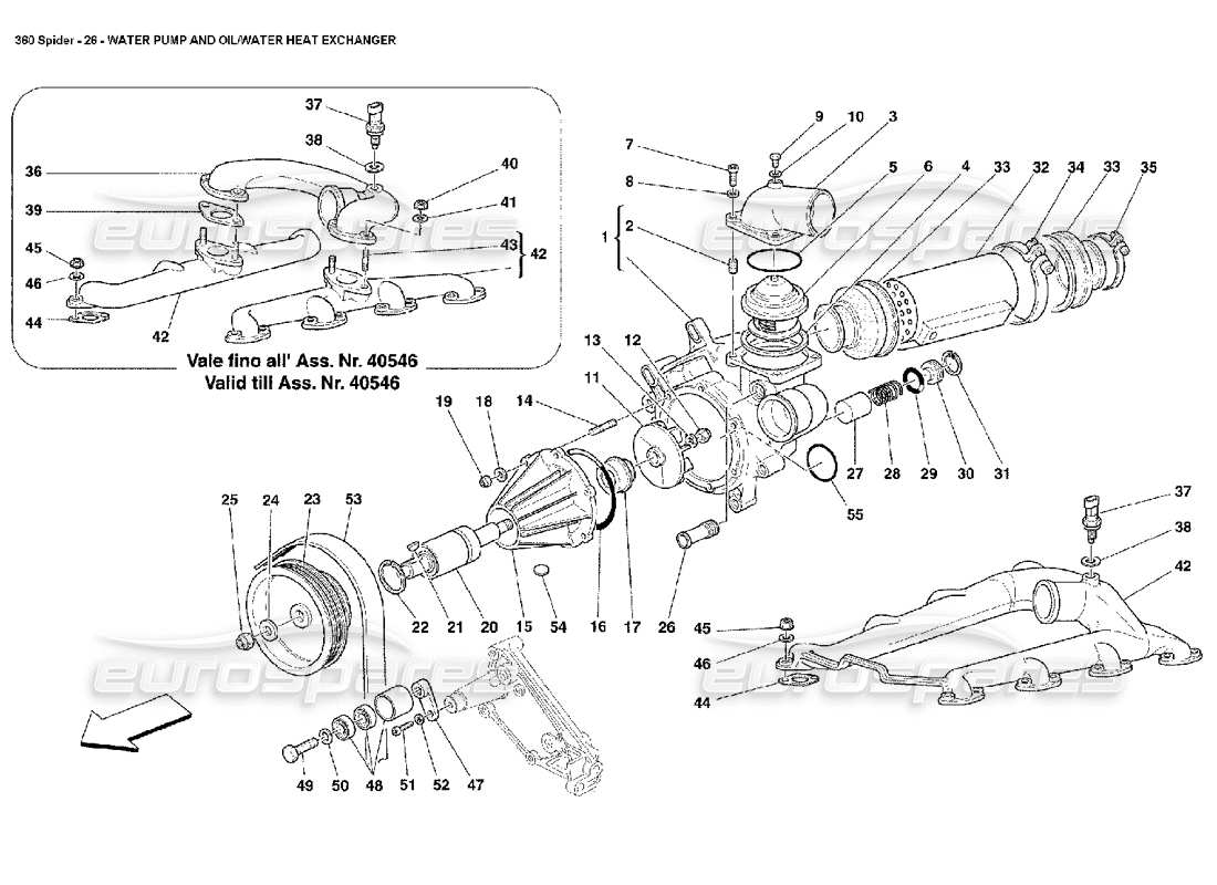 ferrari 360 spider teilediagramm für wasserpumpe und öl-wasser-wärmetauscher