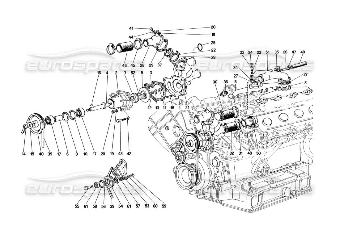 ferrari 328 (1985) teilediagramm für wasserpumpe und rohrleitungen