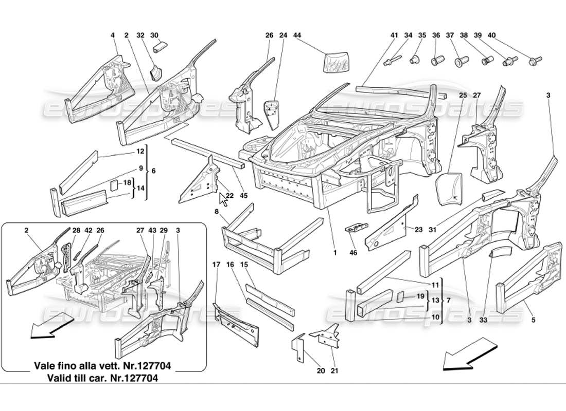 ferrari 360 modena rahmen frontelemente strukturen und platten teilediagramm