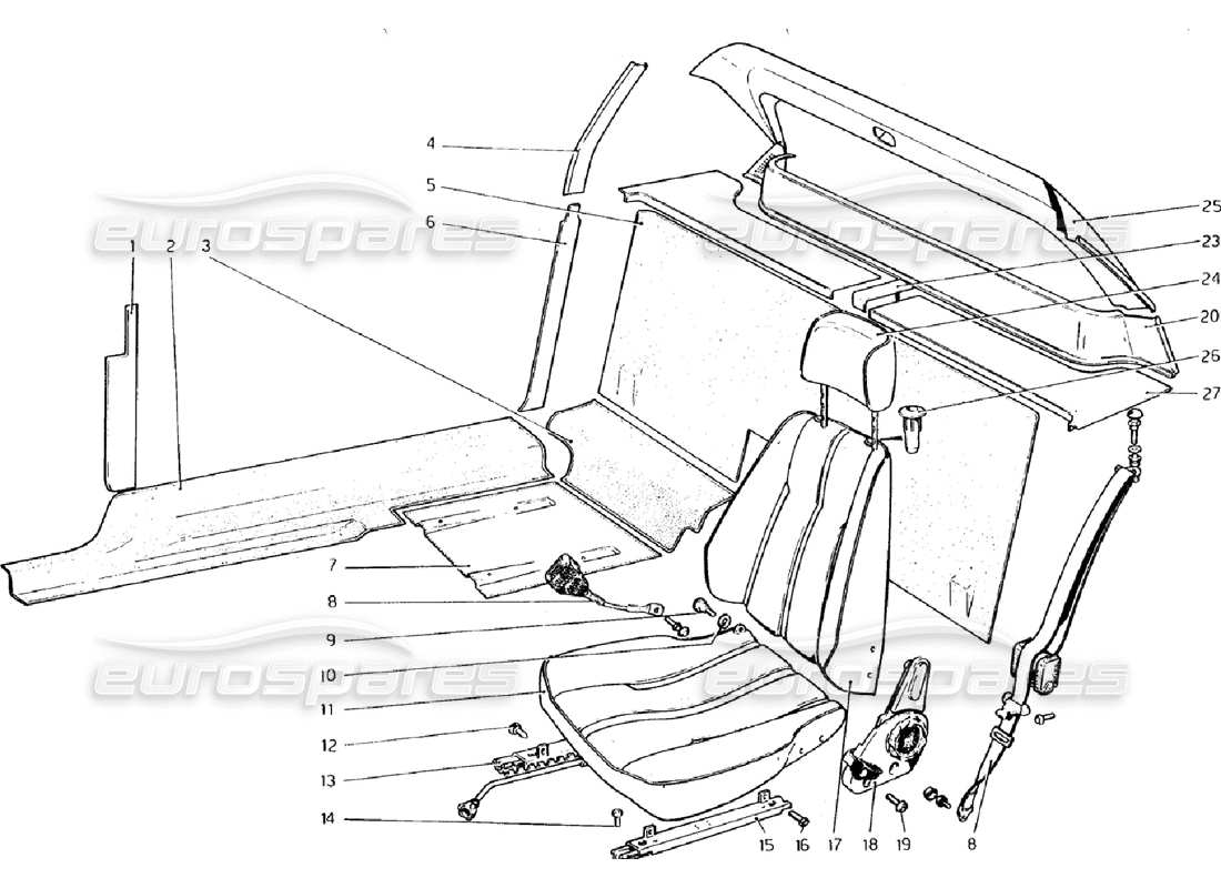 ferrari 308 gtb (1976) teilediagramm für innenverkleidung, zubehör und sitze