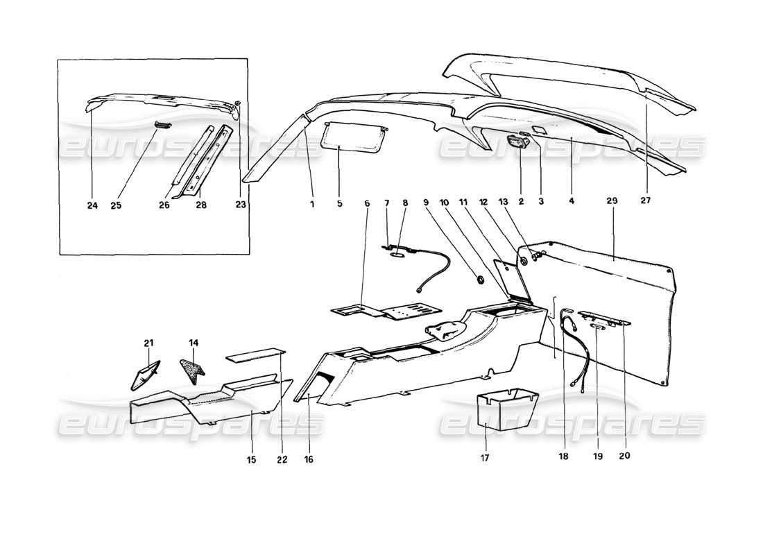 ferrari 308 gtb (1980) tunnel und dach (varianten für rhd - aus-versionen) teilediagramm