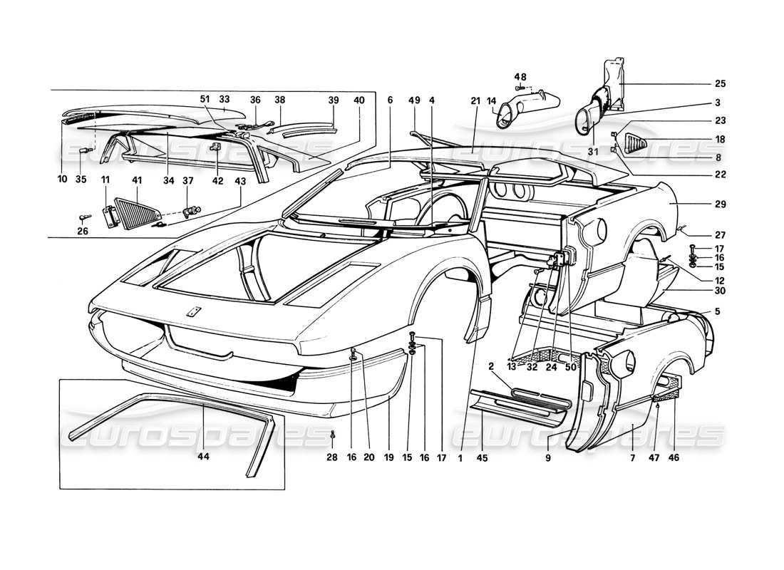 ferrari 308 gtb (1980) karosserie – äußere elemente (varianten für rhd-ausführungen) teilediagramm