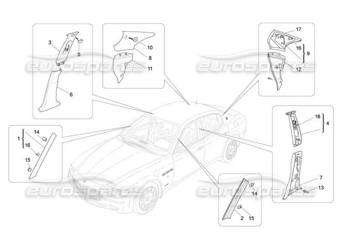 maserati qtp. (2005) 4.2 verkleidungen und seitenverkleidungen des fahrzeugraums b-säule teilediagramm