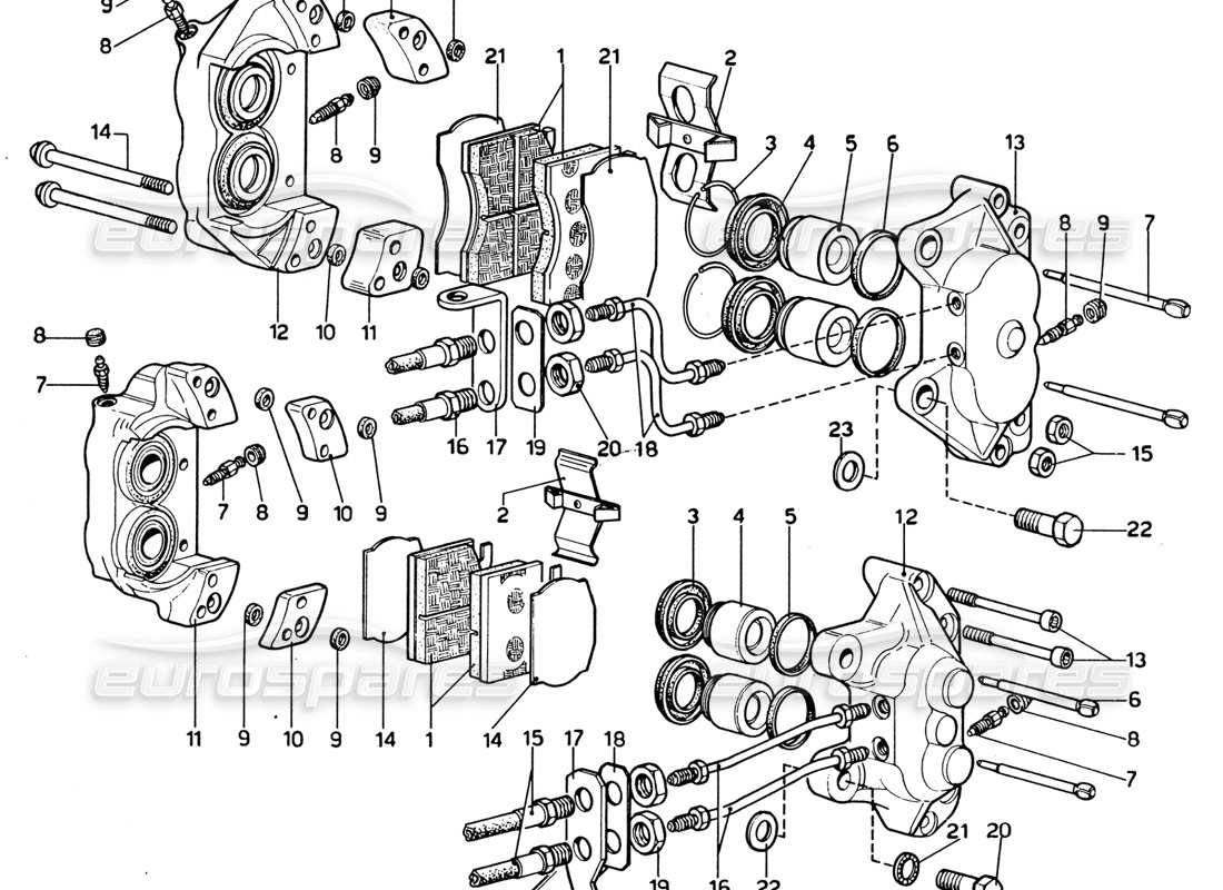 ferrari 365 gtb4 daytona (1969) teilediagramm für vordere und hintere bremssättel