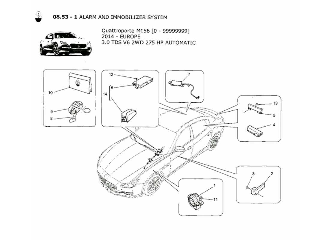 maserati qtp. v6 3.0 tds 275bhp 2014 alarm- und wegfahrsperrensystem teilediagramm