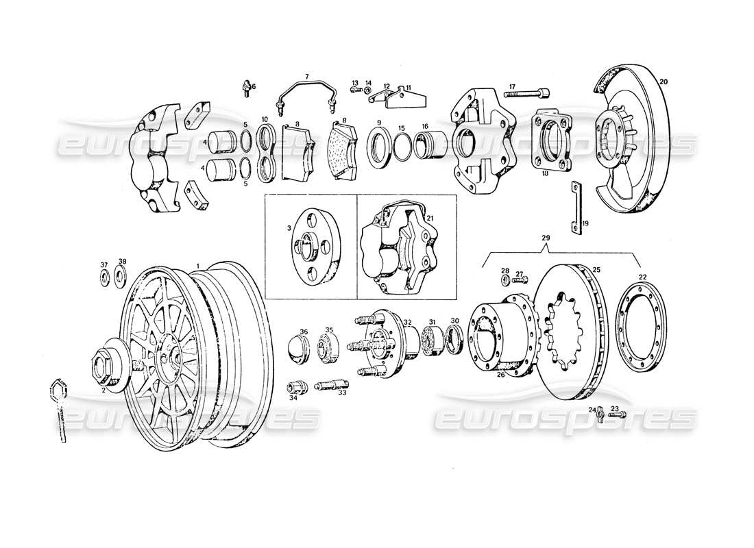 maserati khamsin gekühlte vorderradbremsen teilediagramm
