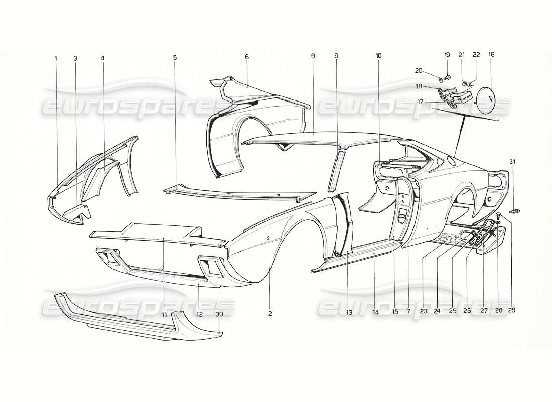 ferrari 308 gt4 dino (1976) karosserie - teilediagramm für außenelemente