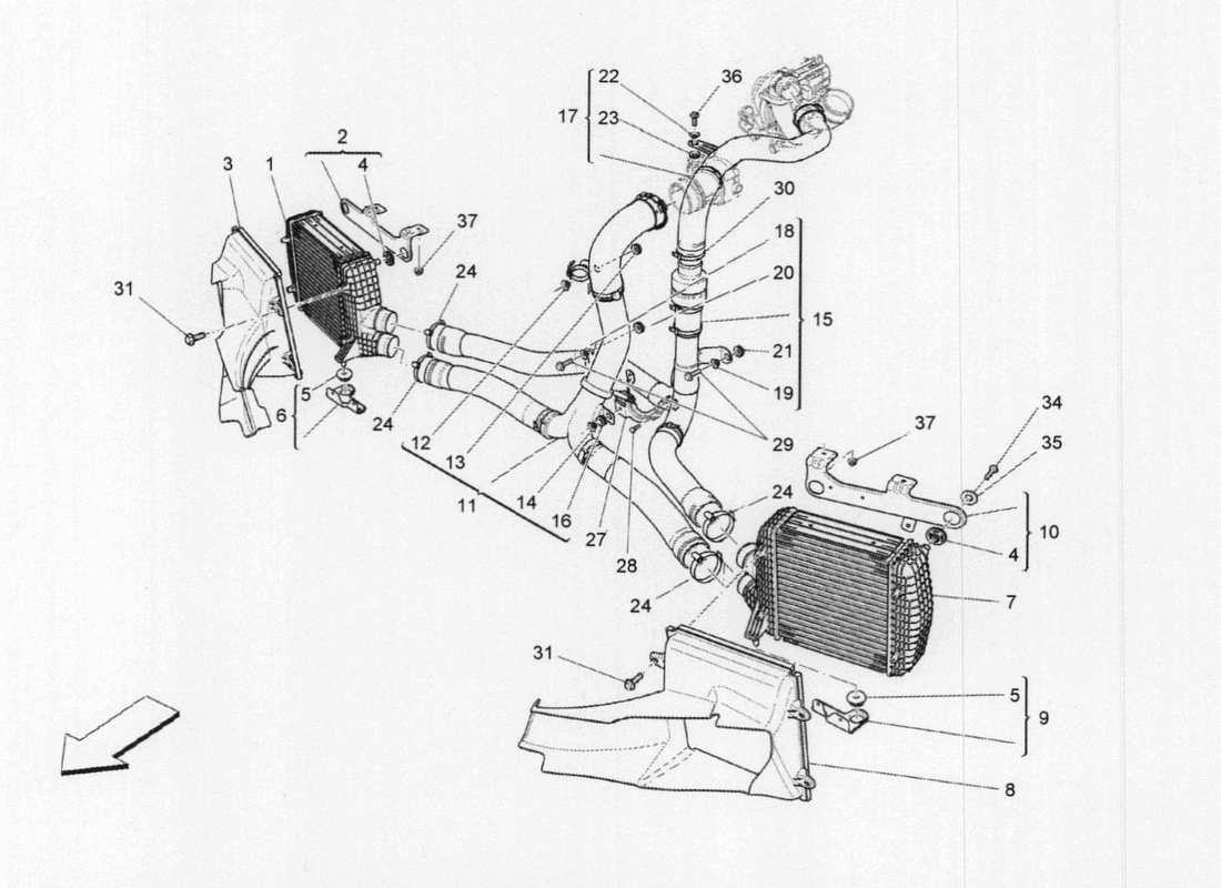 maserati qtp. v6 3.0 tds 275bhp 2017 teilediagramm des ladeluftkühlsystems