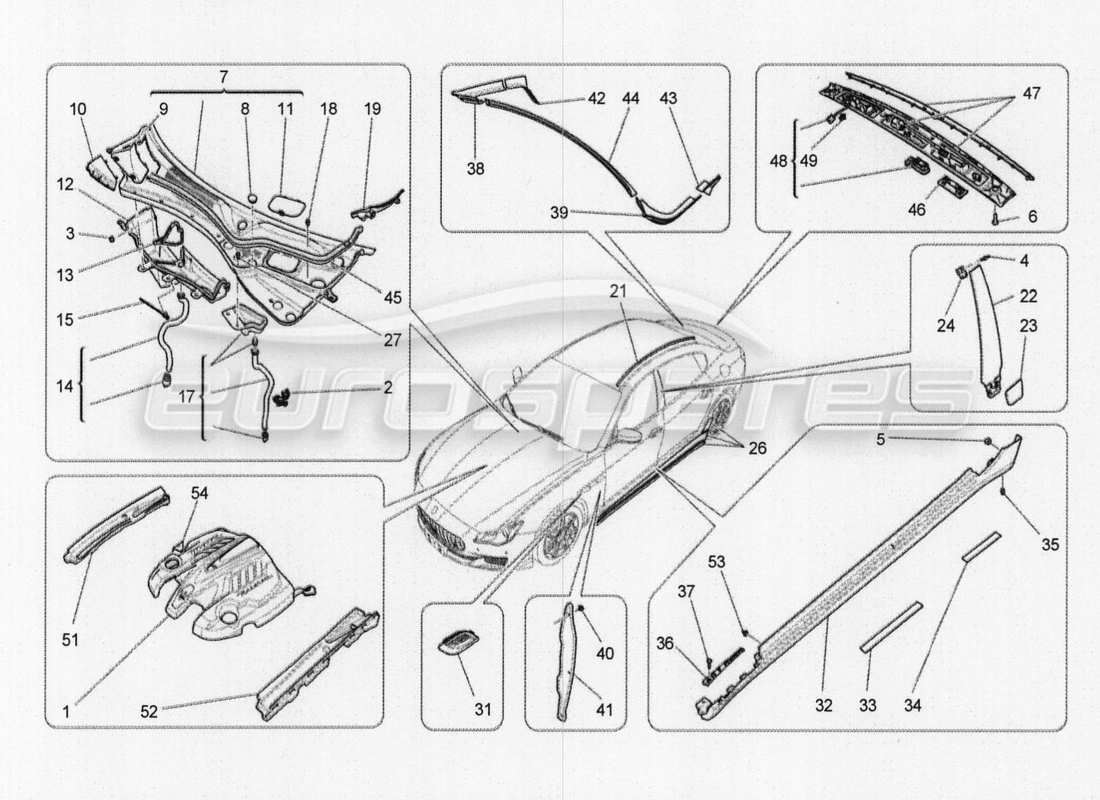 maserati qtp. v8 3.8 530bhp 2014 auto schilde, verkleidungen und abdeckplatten teilediagramm