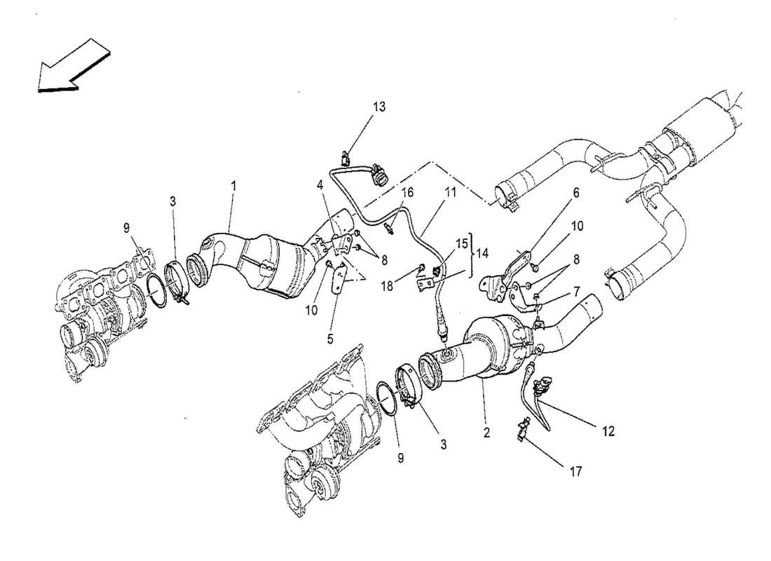 maserati qtp. v8 3.8 530bhp 2014 vorkatalytischer konverter und katalytische konverter teilediagramm