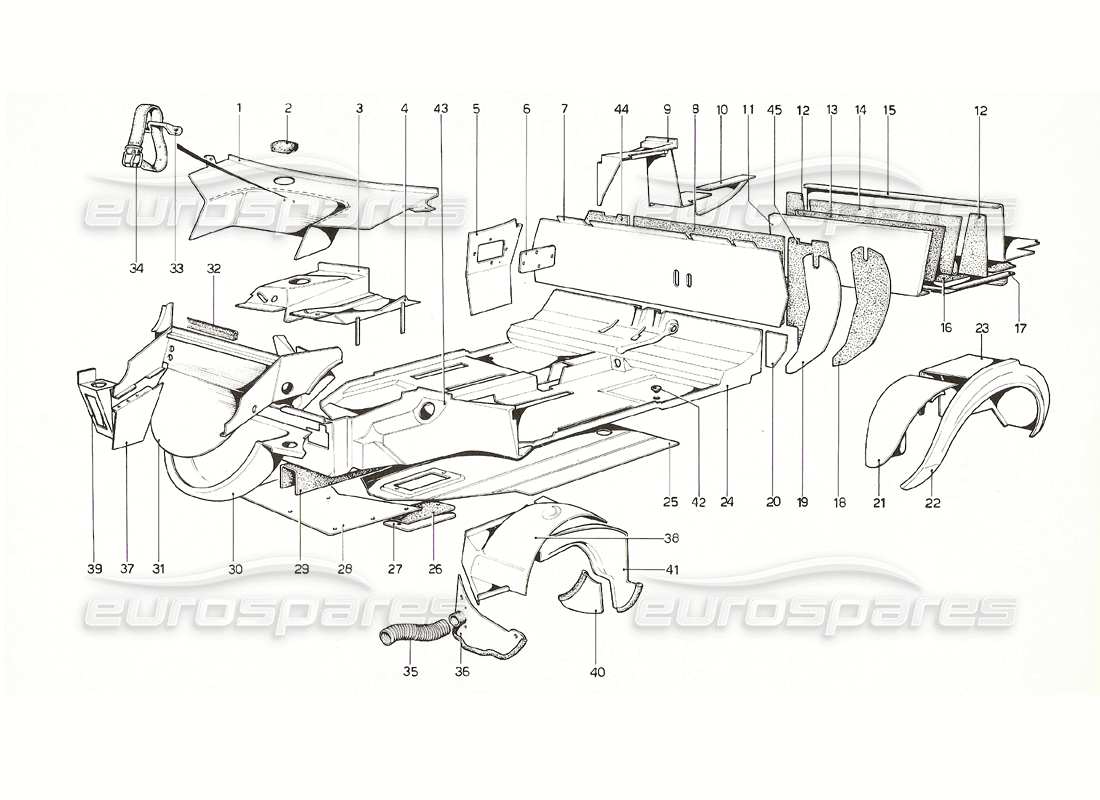 ferrari 308 gt4 dino (1976) karosserie - teilediagramm der inneren elemente