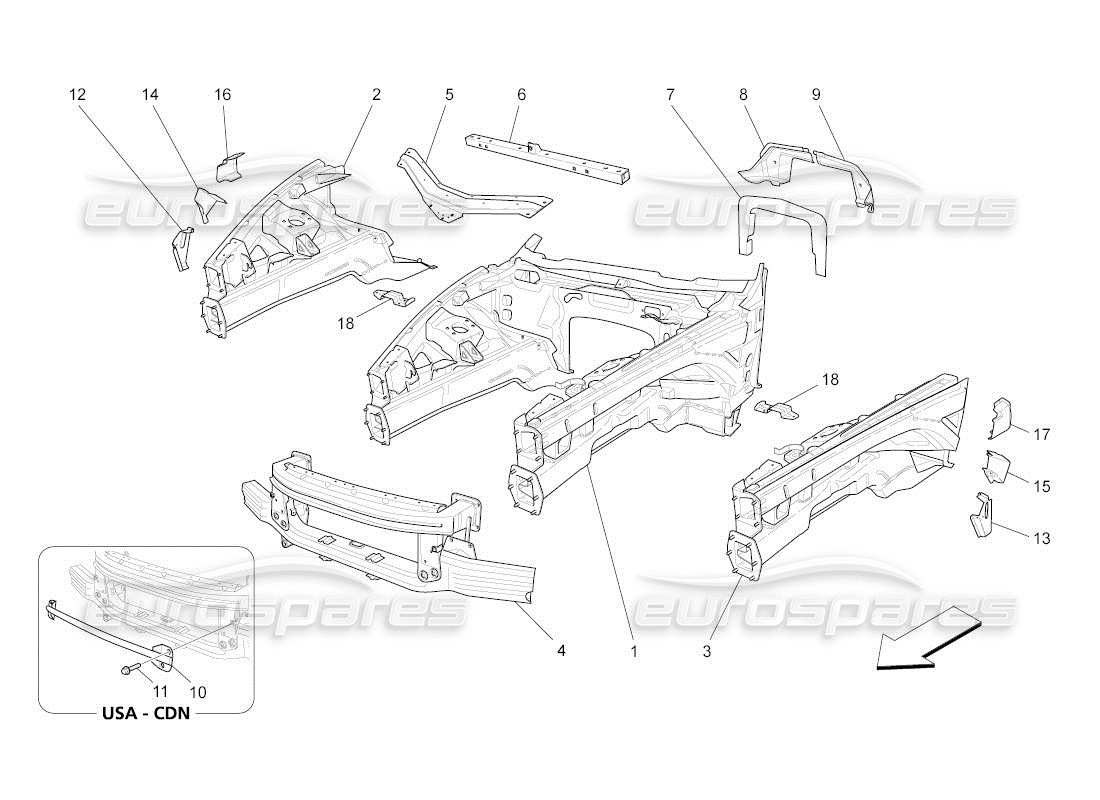 maserati qtp. (2011) 4.2 auto vordere strukturrahmen und blechplatten teilediagramm