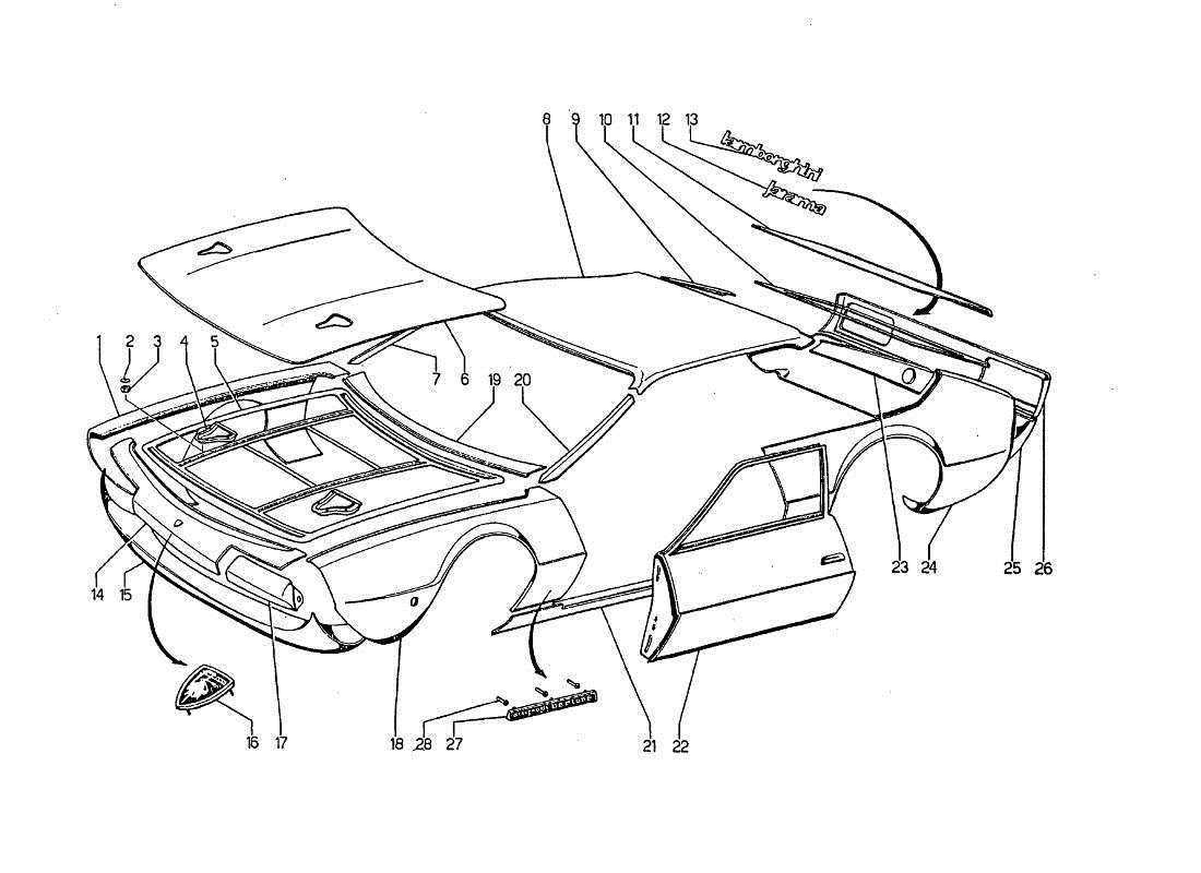 lamborghini jarama außenverkleidungen teilediagramm