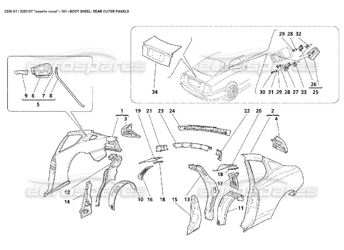 maserati 3200 gt/gta/assetto corsa karosserie: teilediagramm für hintere außenbleche