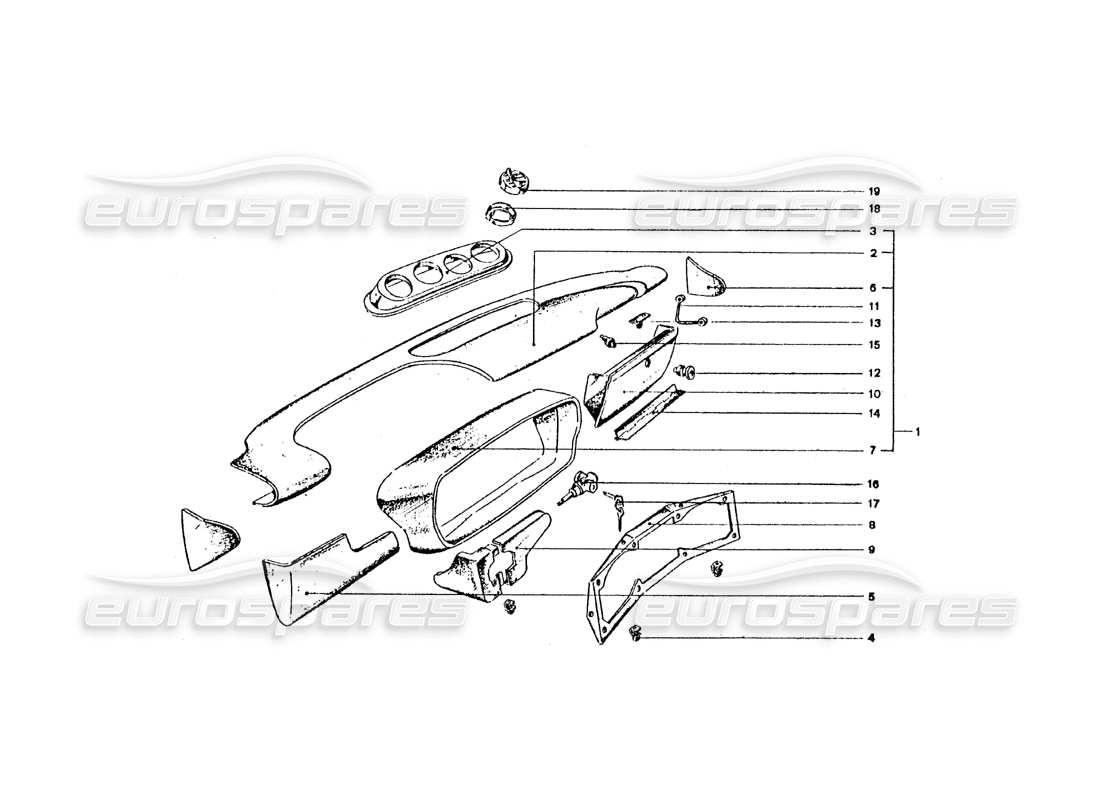 ferrari 365 gt4 2+2 coachwork teilediagramm für armaturenbrett und zündschalter