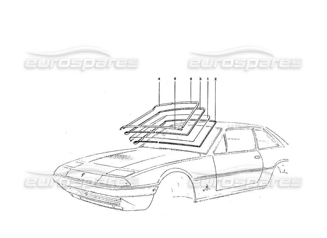 ferrari 365 gt4 2+2 coachwork teilediagramm für frontscheibe und verkleidungen