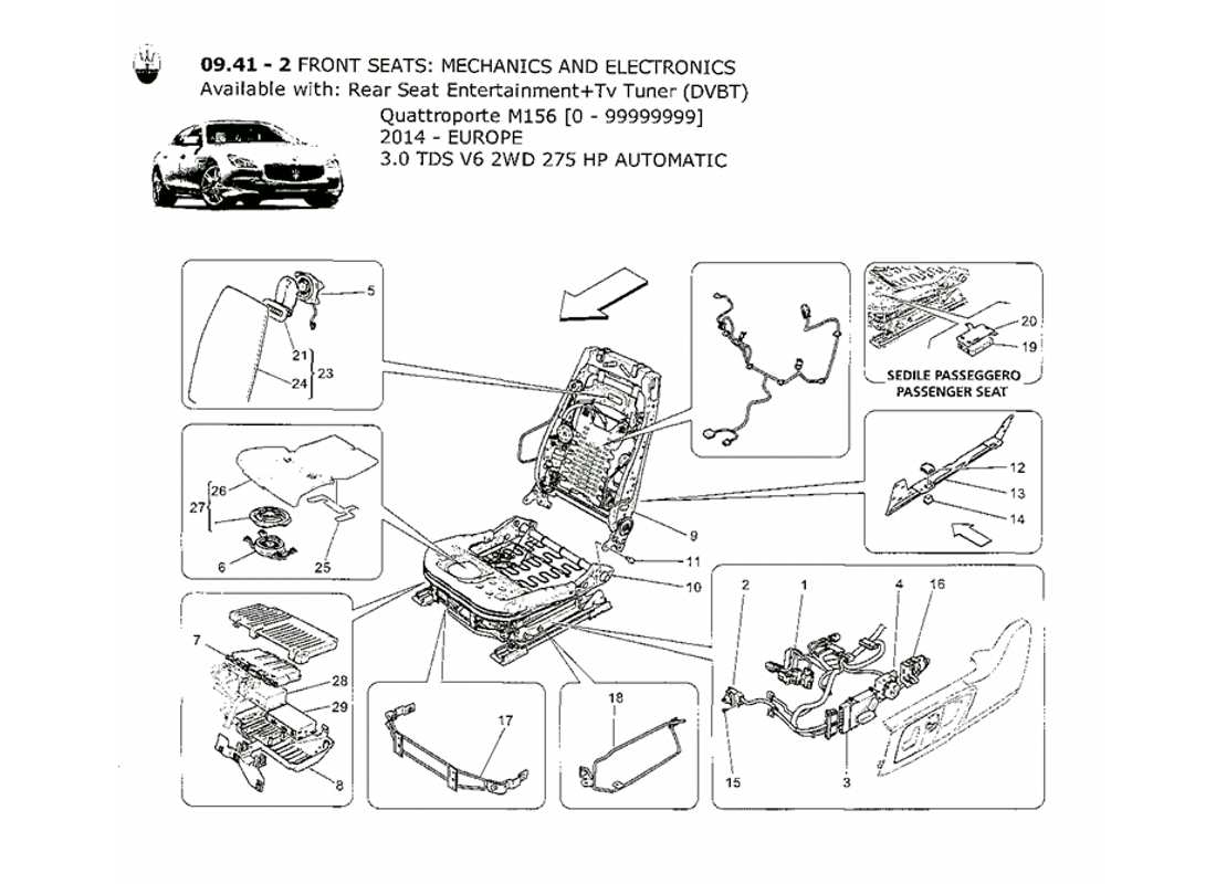 maserati qtp. v6 3.0 tds 275bhp 2014 vordersitze: mechanik und elektronik teilediagramm