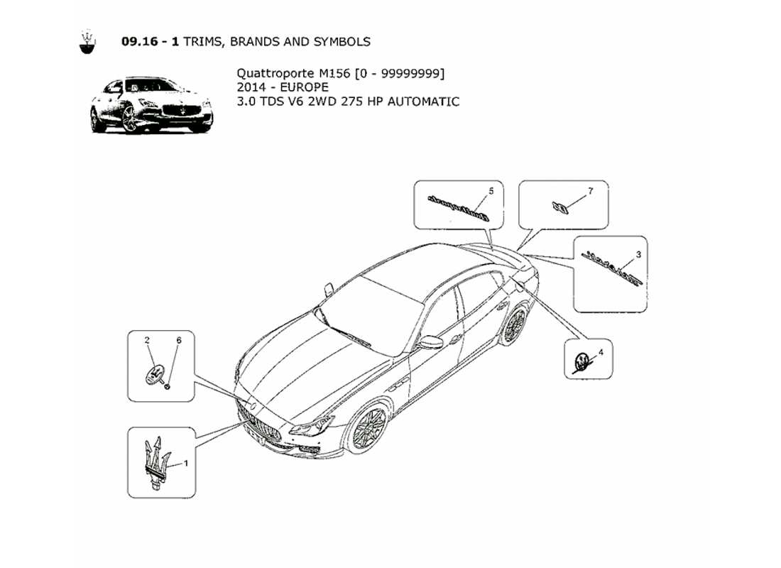 maserati qtp. v6 3.0 tds 275bhp 2014 verzierungen, marken und symbole teilediagramm