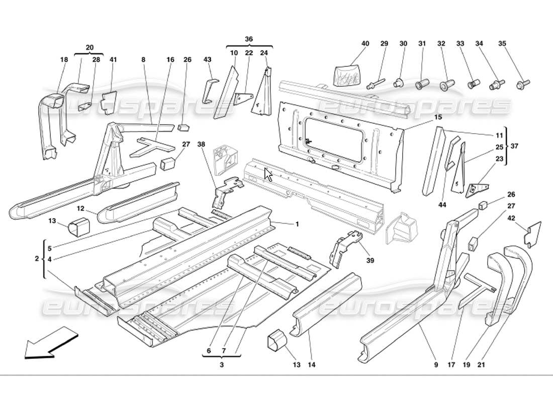 ferrari 360 modena zentrale seitenelemente und platten teilediagramm