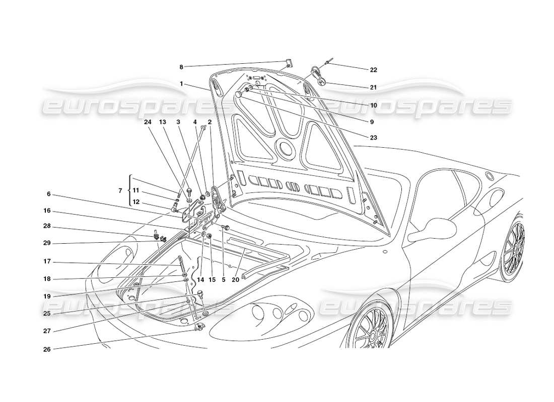 ferrari 430 challenge (2006) teilediagramm für fronthaube und öffnungsvorrichtung