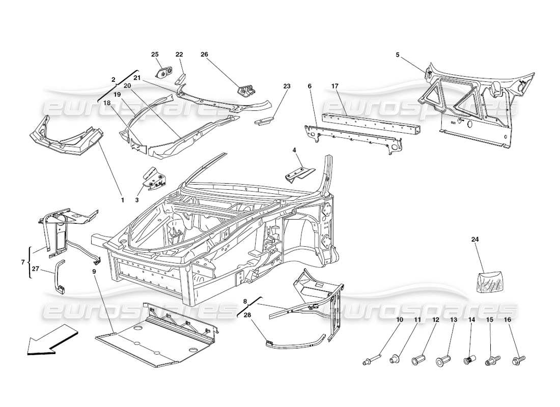 ferrari 430 challenge (2006) rahmen – vorderelemente, strukturen und platten teilediagramm